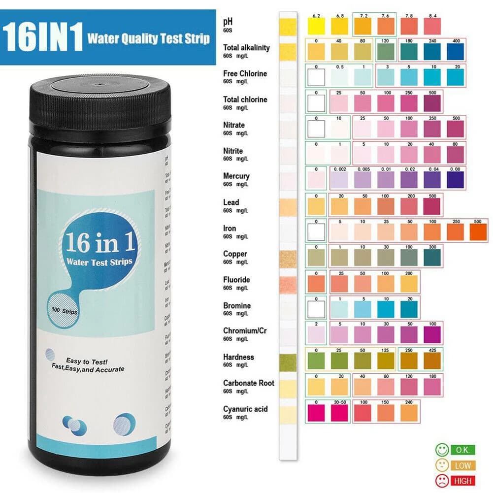 Analyste de test d'eau potable 16 en 1, bandelette de qualité de l'eau domestique, piscine, spa, nit
