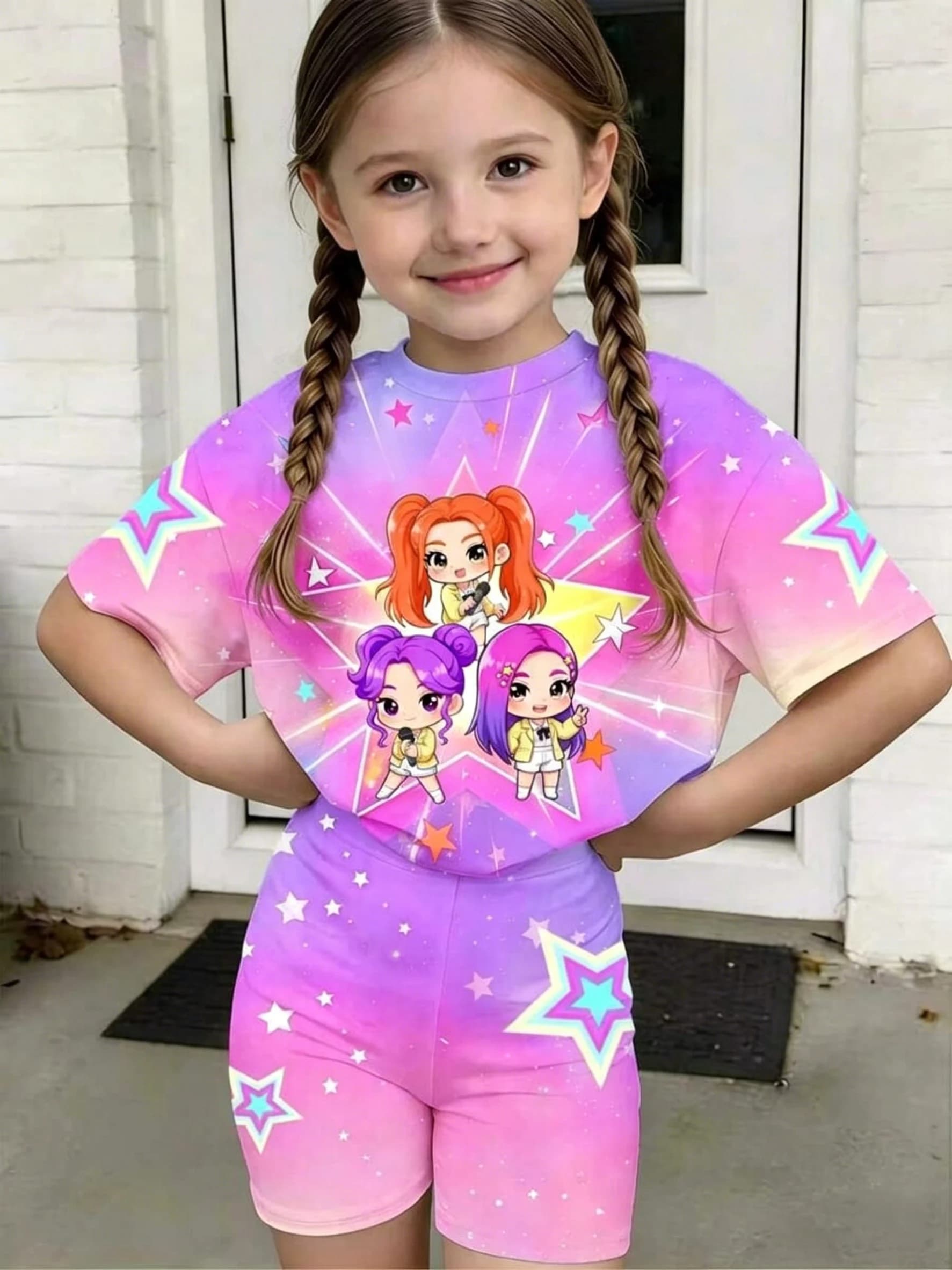 Ensemble à manches courtes pour filles, style « Chibi Girl Group » à thème étoiles, dégradé rose-vio