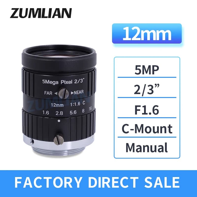 Objectif ZUMLIAN 12 mm à monture C pour capteur 2/3 pouces 5MP, iris manuel F1.6, caméra d'inspectio