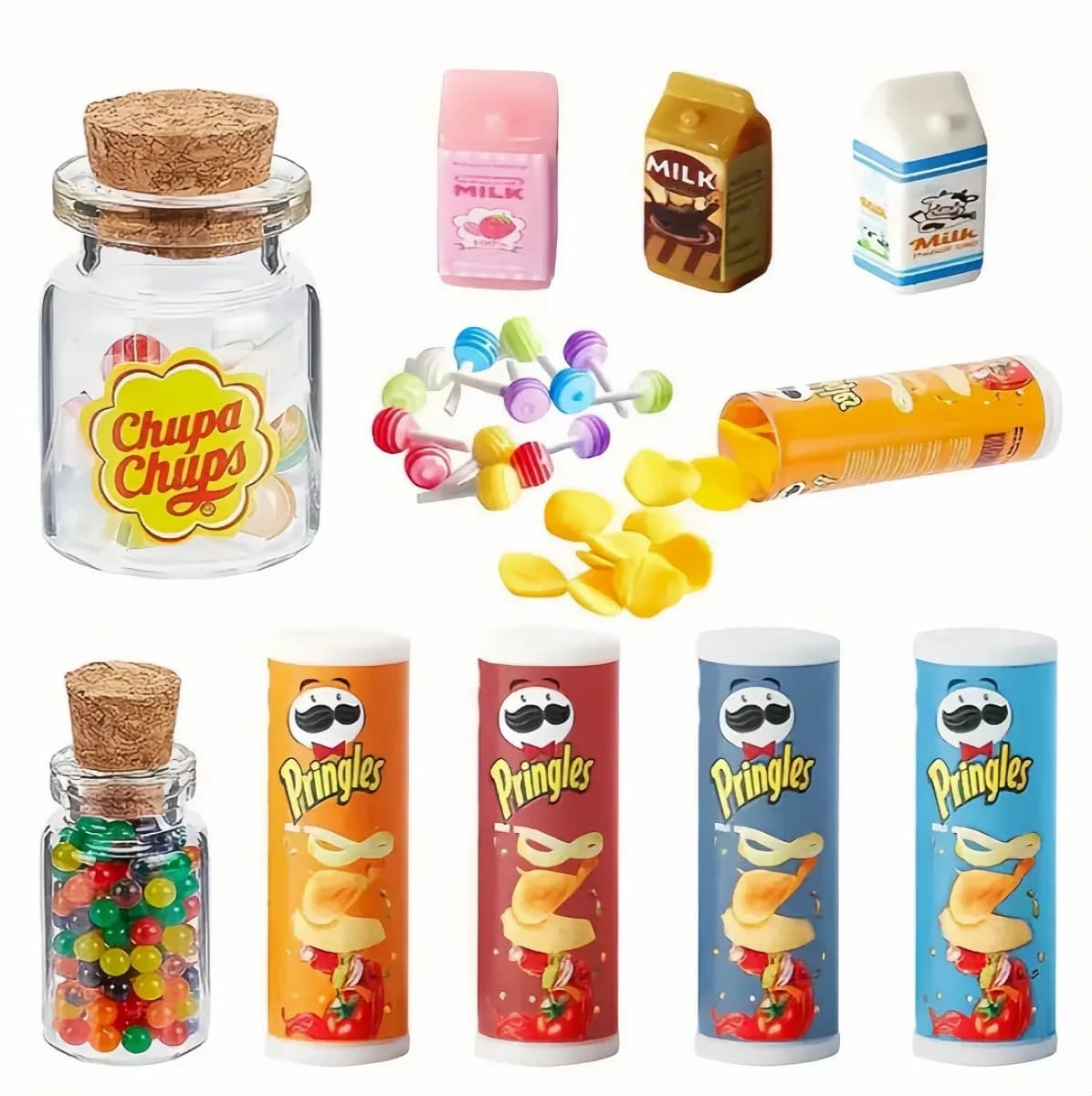 Maison de poupée Miniature, bouteilles de chips de pommes de terre, pot de sucettes avec sucettes po