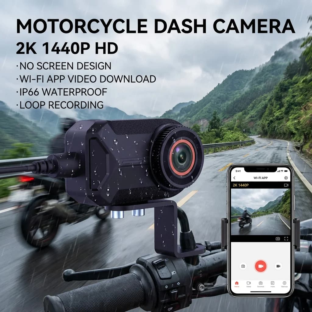 Caméra de tableau de bord pour moto 2K 1440P HD sans écran, Wi-Fi, téléchargement vidéo via applicat