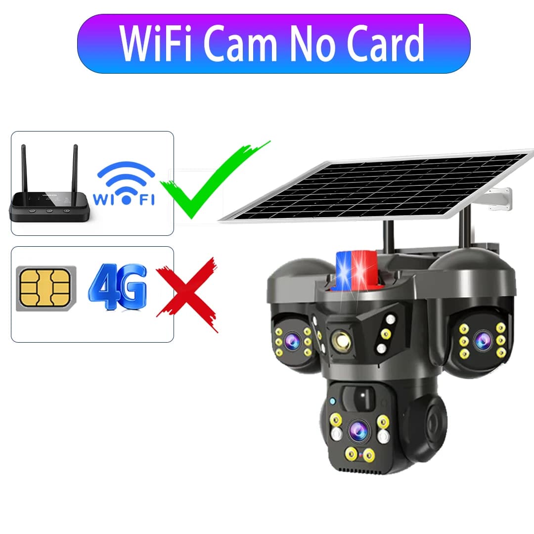 Caméra solaire sans fil WiFi, trois objectifs, trois écrans, carte Sim 4G, détection humaine, Survei