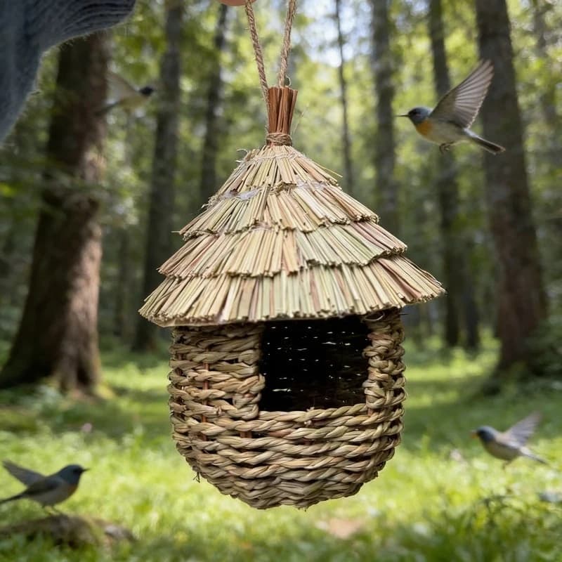 Maison pour colibris tissée à la main en herbe naturelle, ornement suspendu pour jardin, patio, pelo