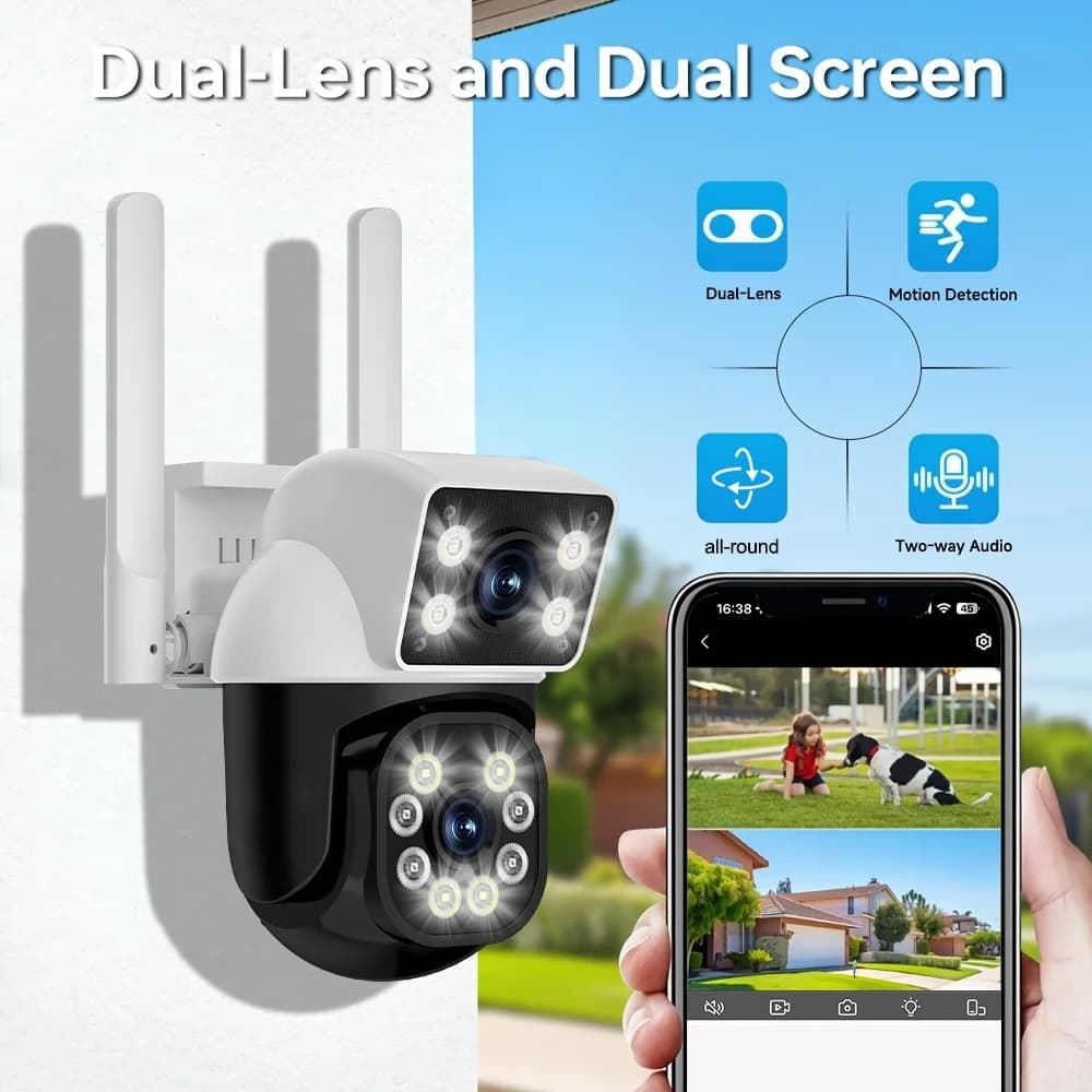 Caméra de sécurité domestique WIFI à double objectif 3MP, détection de mouvement, PTZ, vidéosurveill