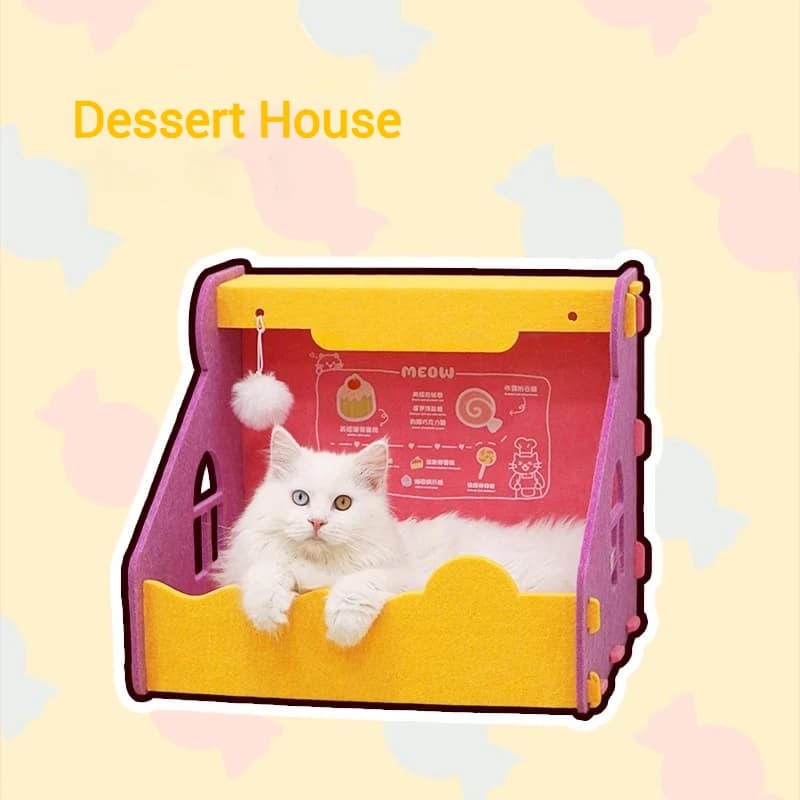 Niche pour chat en feutre avec fenêtre, respirante et confortable, avec jouet clochette, résistante
