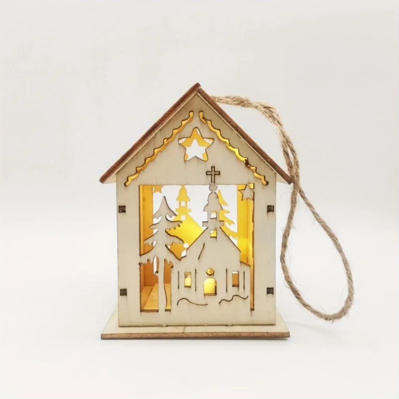 Ornements d'éclairage de cabine de petite maison en bois, pendentif artisanal, décoration d'arbre de