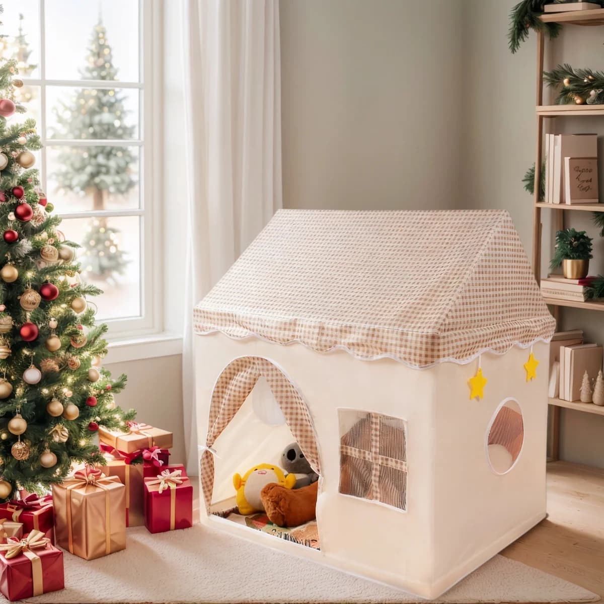 【Loisirs et divertissements】Grand château de jeu pour enfants, maisonnette rose à motif floral, tent