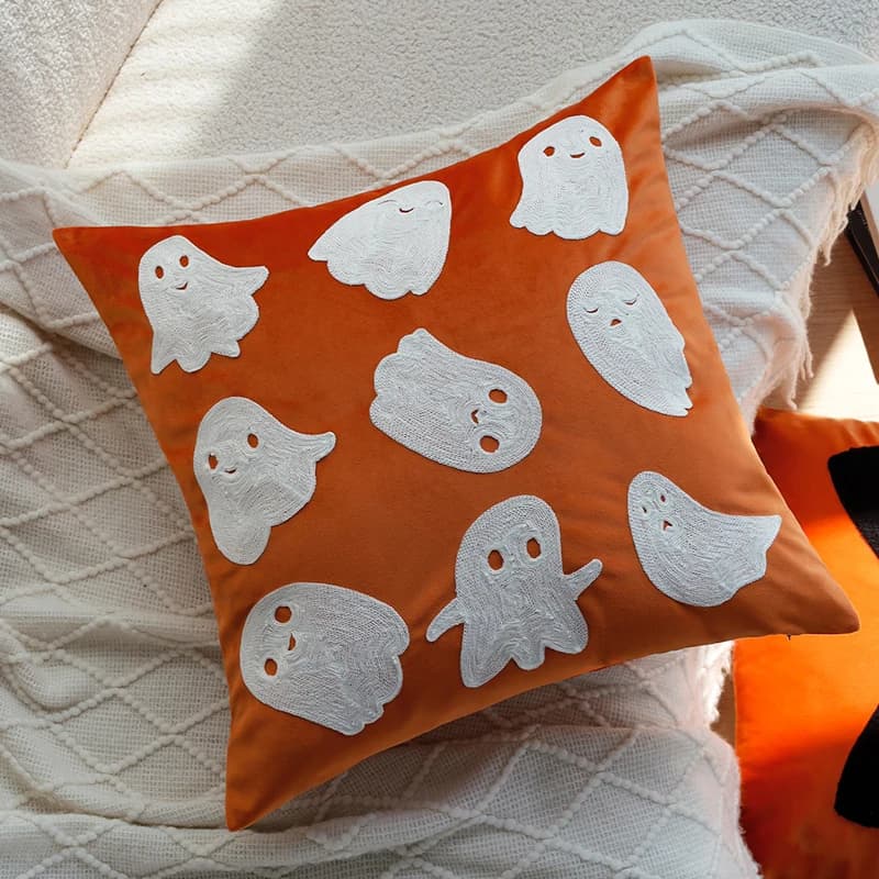 Juste de coussin avec broderie fantôme d'Halloween, taie d'oreiller de trajet saisonnier, décoration