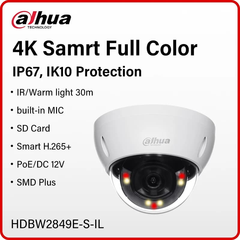 Dahua 8MP caméra dôme couleur intelligente double lumière IP67 IK10 WizSense micro intégré 4K sécuri
