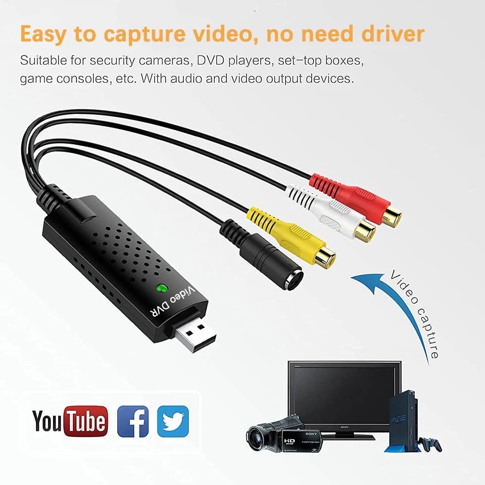 Carte de capture vidéo VHS vers convertisseur numérique USB, Hi8, DVD, magnétoscope, RCA, S-vidéo ve