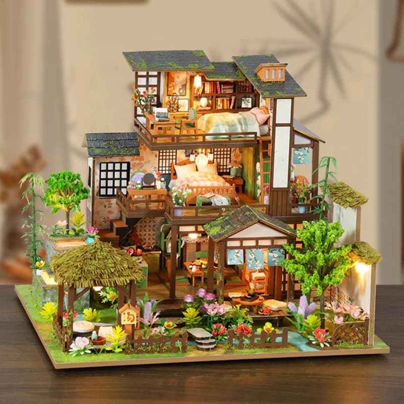 Maison de poupée en bois de bambou, bricolage, cour de printemps, Kits de construction miniatures, m