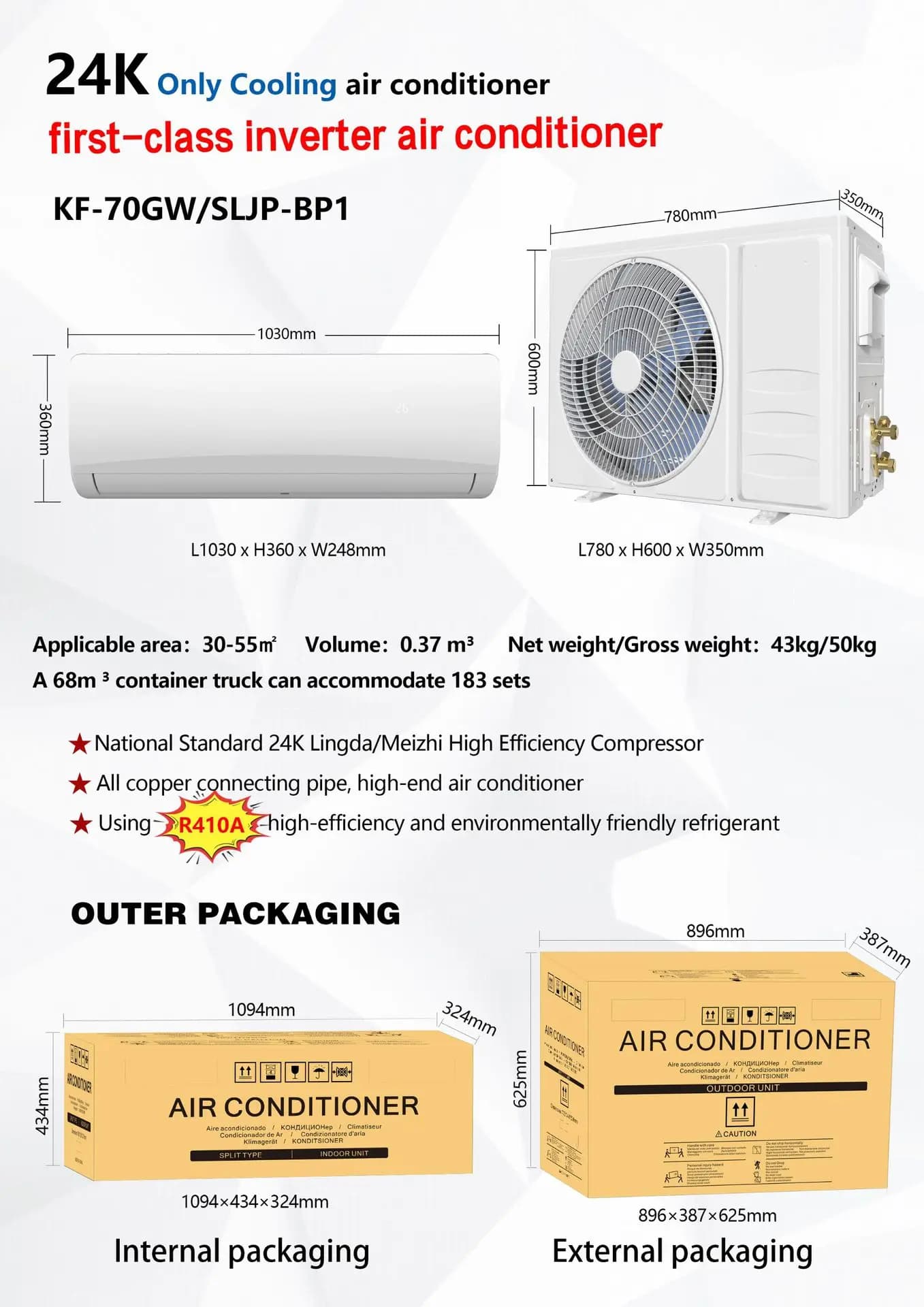 Climatiseur mural split Inverter 24000 BTU, refroidissement/chauffage uniquement, R410A, tuyauterie