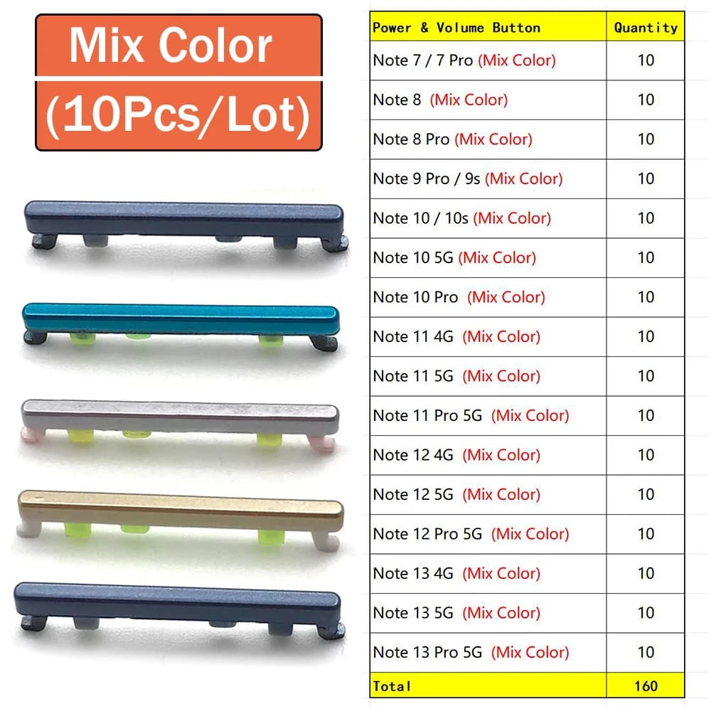 Bouton d'alimentation et de volume latéral pour Redmi Note 7, 8, 9, 9S, 10, 10s, 11, 12, 13 Pro, 4G,