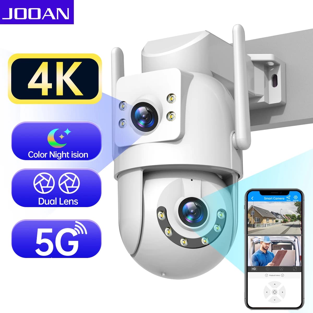 Jooan 4K 8MP HD Wifi PTZ caméra extérieure 5G Wifi double objectif caméras IP de sécurité 5X Zoom AI
