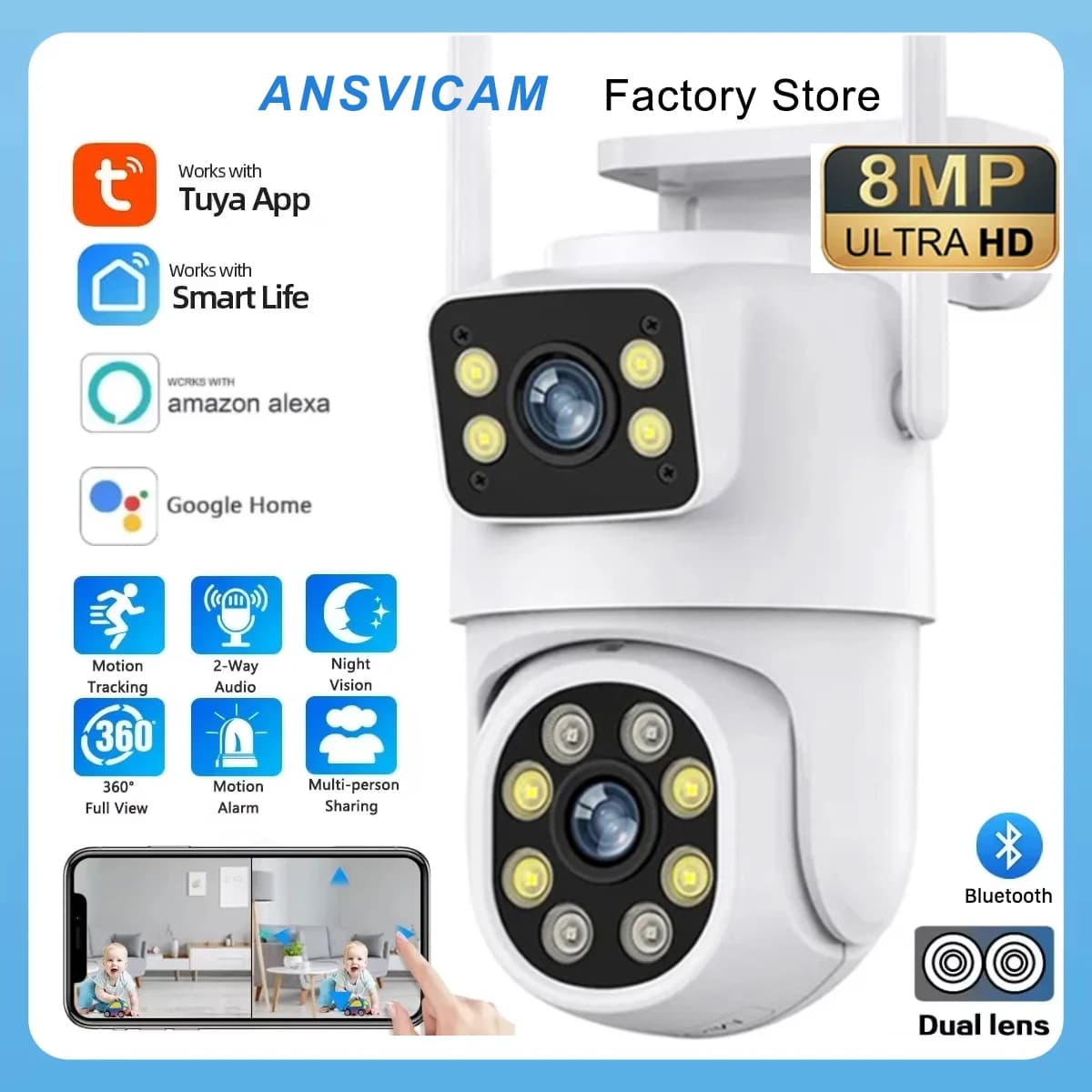 4K 8MP Tuya double objectif PTZ WIFI caméra Full HD double écran Ai humain suivi automatique extérie