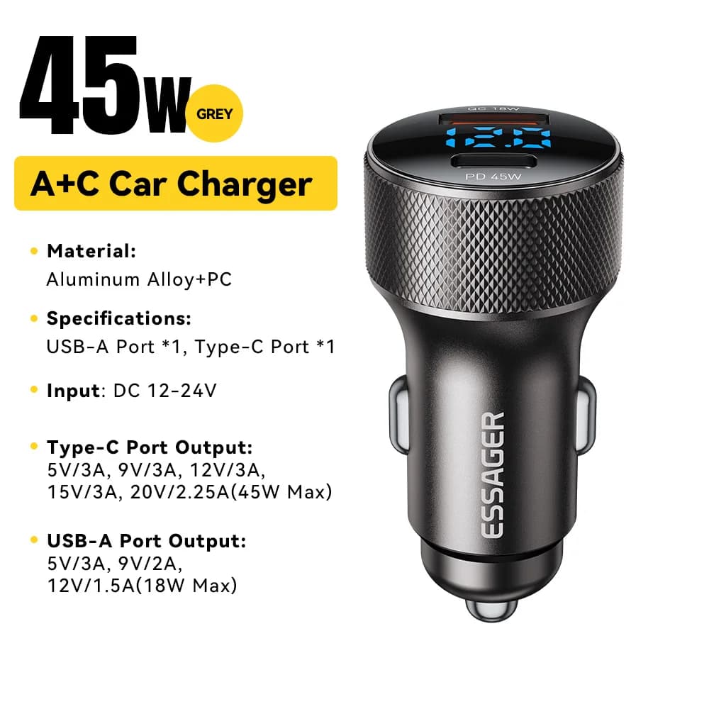 Essager USB C chargeur de voiture 45W 2 Ports PD3.0 QC3.0 affichage numérique chargeur de téléphone
