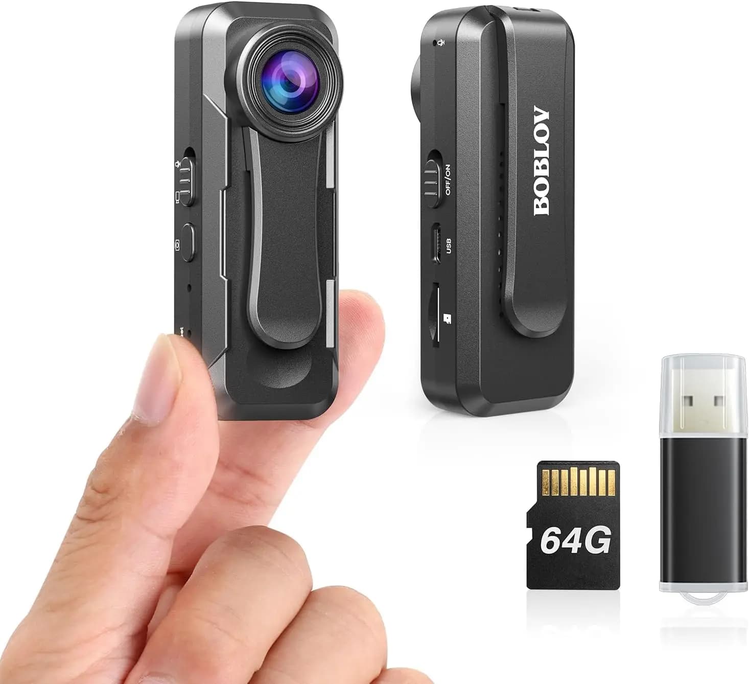 BOBLOV W1 64 Go HD 1080P Caméra portée sur le corps - Enregistrement en boucle avec timbre de temps
