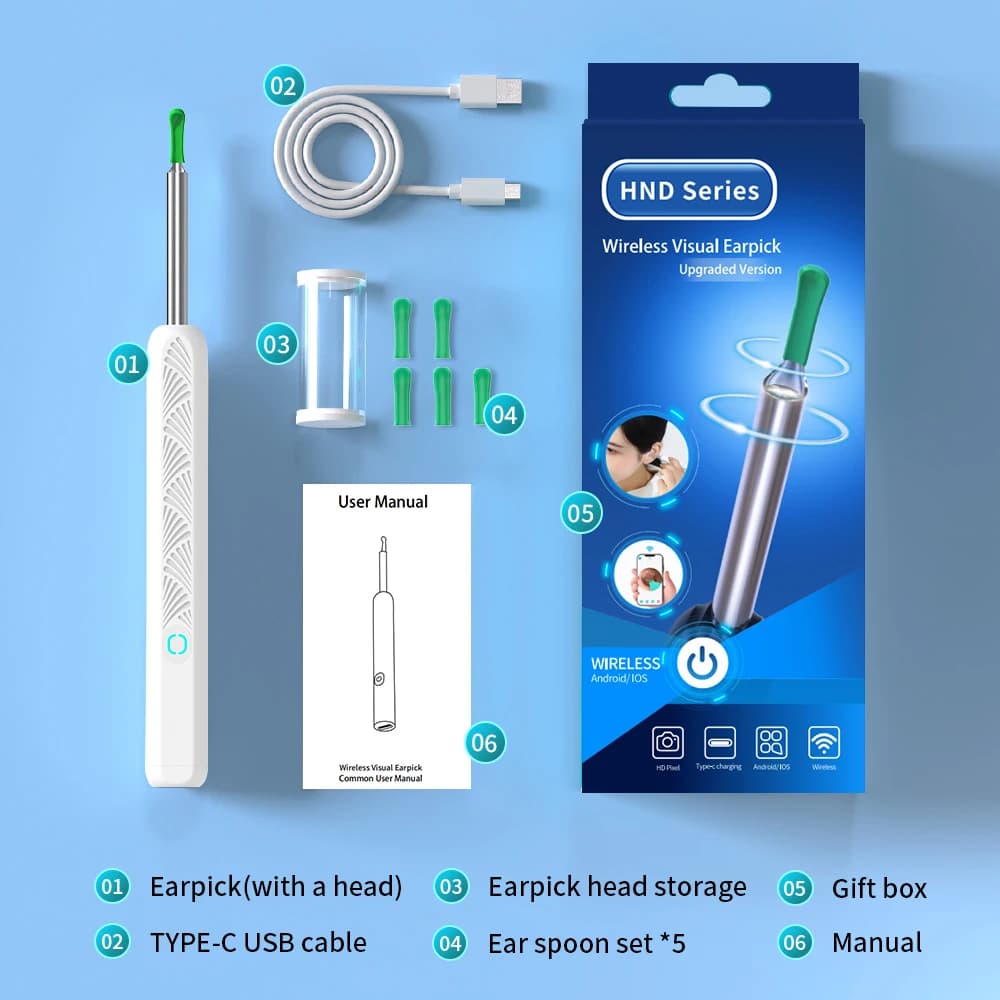 Nettoyeur de cire d'oreille sans fil avec caméra, Endoscope d'élimination sûre du cérumen avec camér