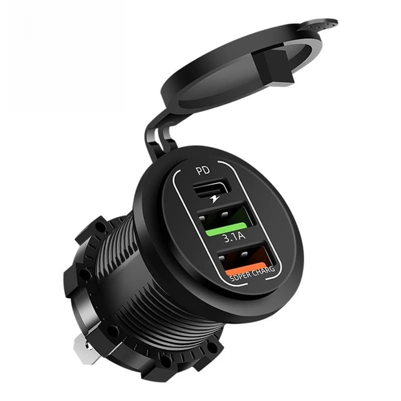 Prise de chargeur de voiture double type-c et double USB, 4 Ports, charge rapide, étanche avec voltm