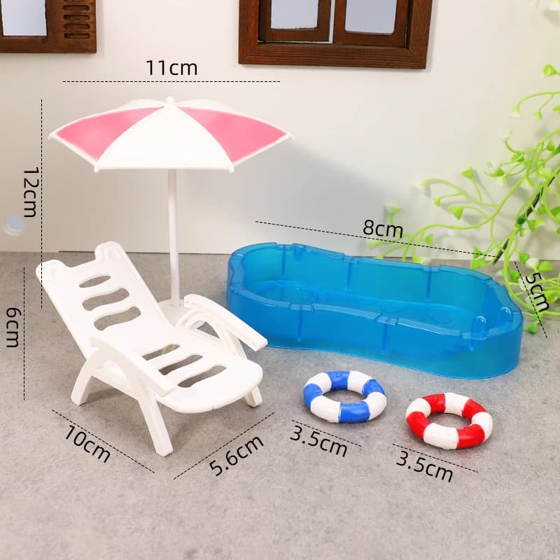 Mini ensemble de piscine pour maison de poupée avec chaise de plage et bouée - Jouets pour enfants p
