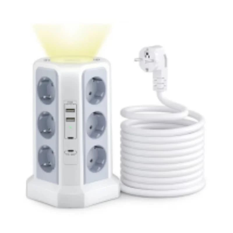 Tour de prise de courant 12 voies avec veilleuse, 2 ports USB A et 2 ports USB C, protection contre