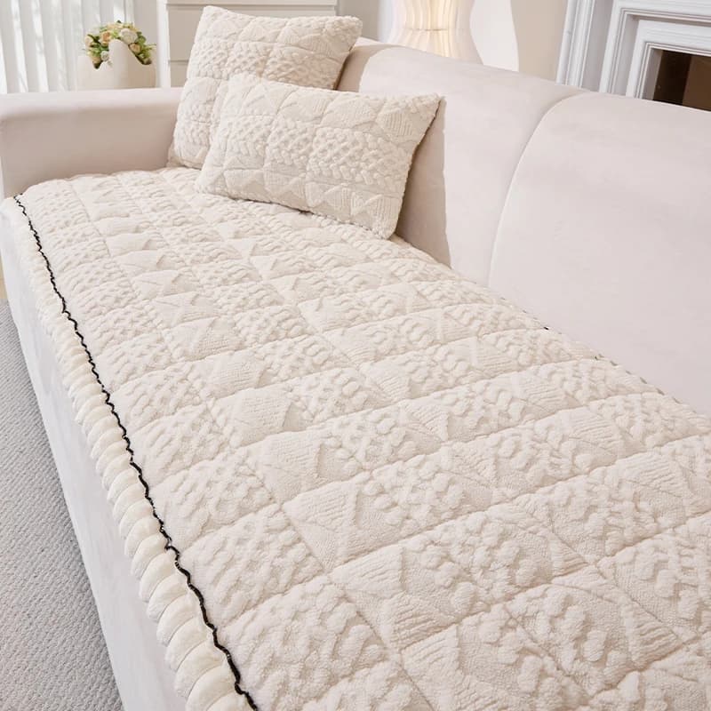 1 housse de canapé en peluche confortable, à volants faits à la main - Style bohème, lavable en mach