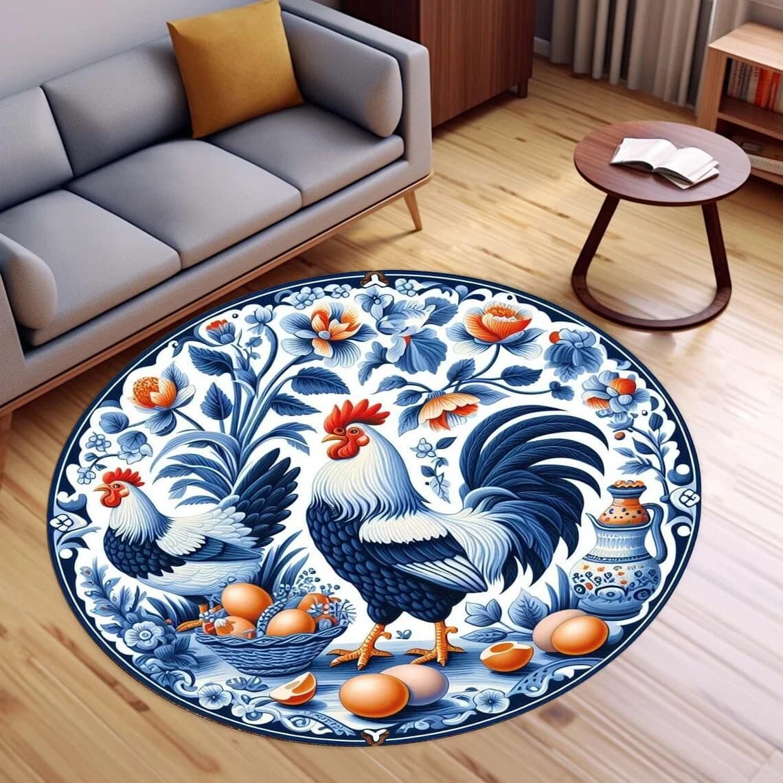 Tapis rond à motif de coq noir et blanc, style ferme, antidérapant, pour cuisine et salon