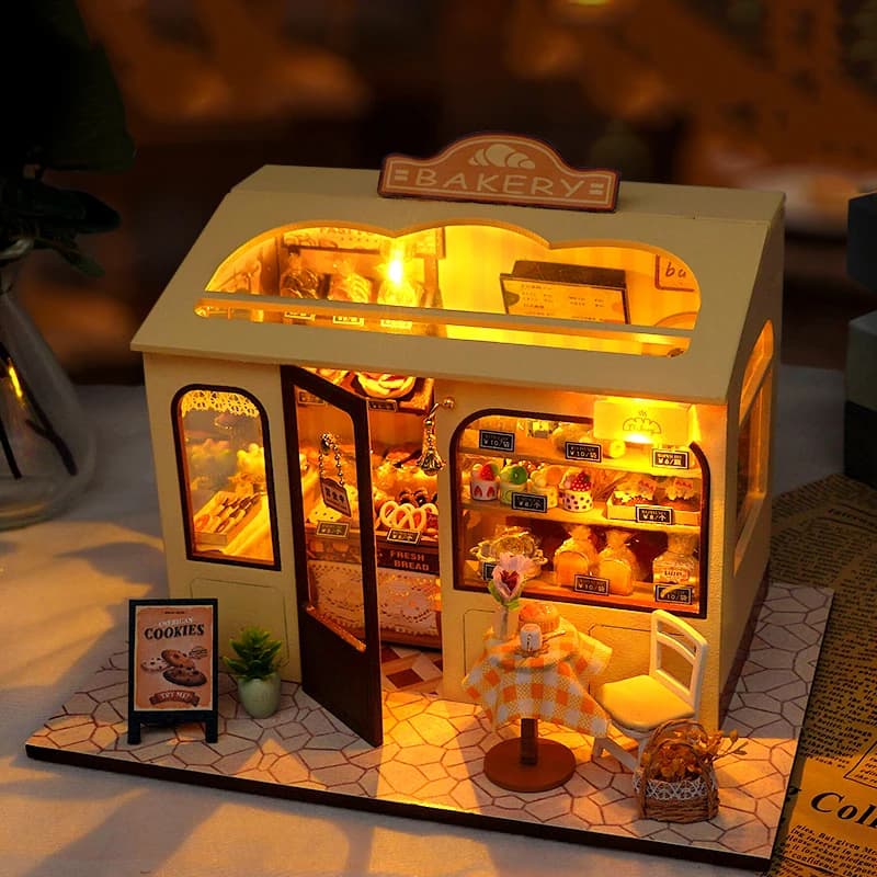 Kits de construction miniatures en bois DIY, maisons de poupées style boulangerie avec meubles et lu