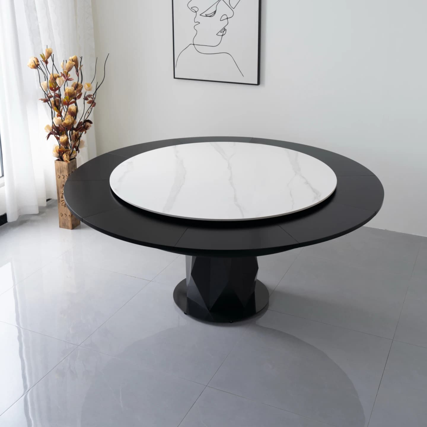 Table à manger ronde noire, extensible, étanche, de luxe, plateau tournant pliant, meubles de salon