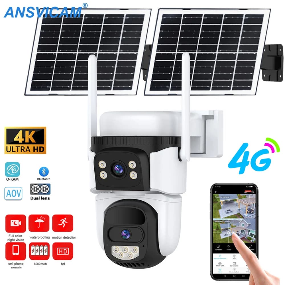 Caméra de sécurité solaire O-Kam Pro 4G à double objectif 8MP 4K, caméra PTZ extérieure, batterie 10