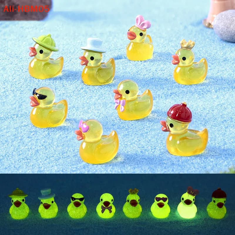 (HB05) 8 pièces de mini-canards jaunes lumineux en résine, figurines de canard qui brillent dans le