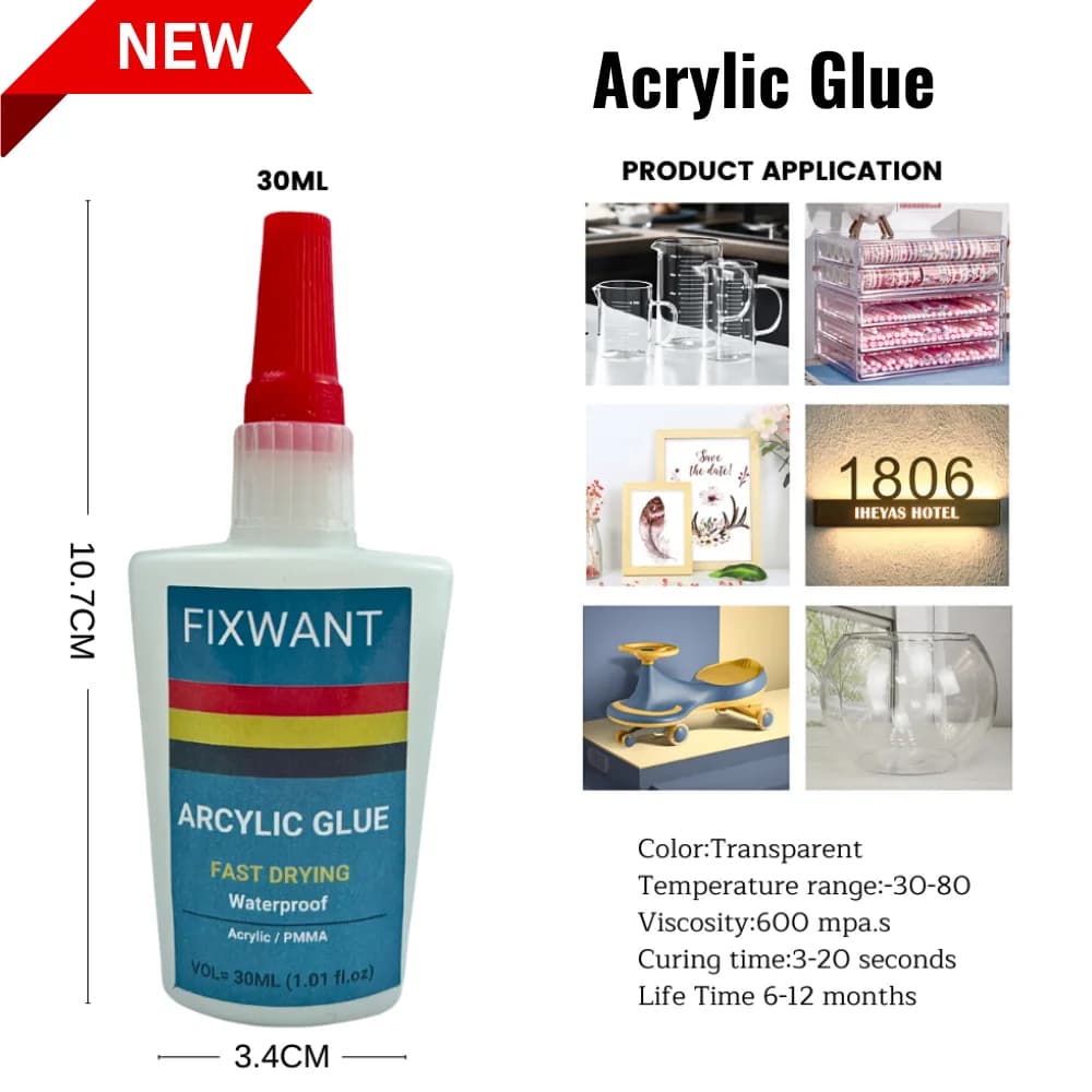 30ML FIXWANT colle acrylique clair fort adhésif instantané PMMA ABS plexiglas PVC plastique PP PC ét