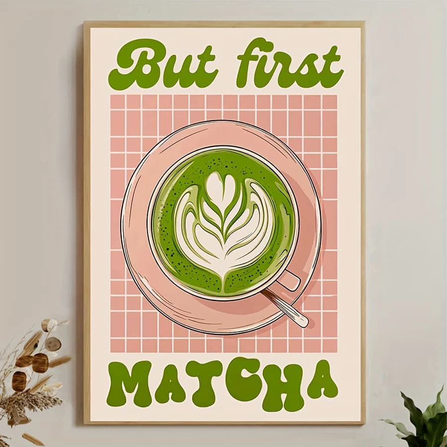 Affiche sur toile d'art Matcha Latte "Mout The First Matcha", arrière-plan de grille rose, imprimés