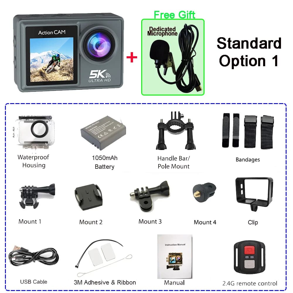 Caméra d'action 5K 4K60FPS double écran tactile IPS LCD EIS 170 ° Caméra de sport DVR 30M étanche