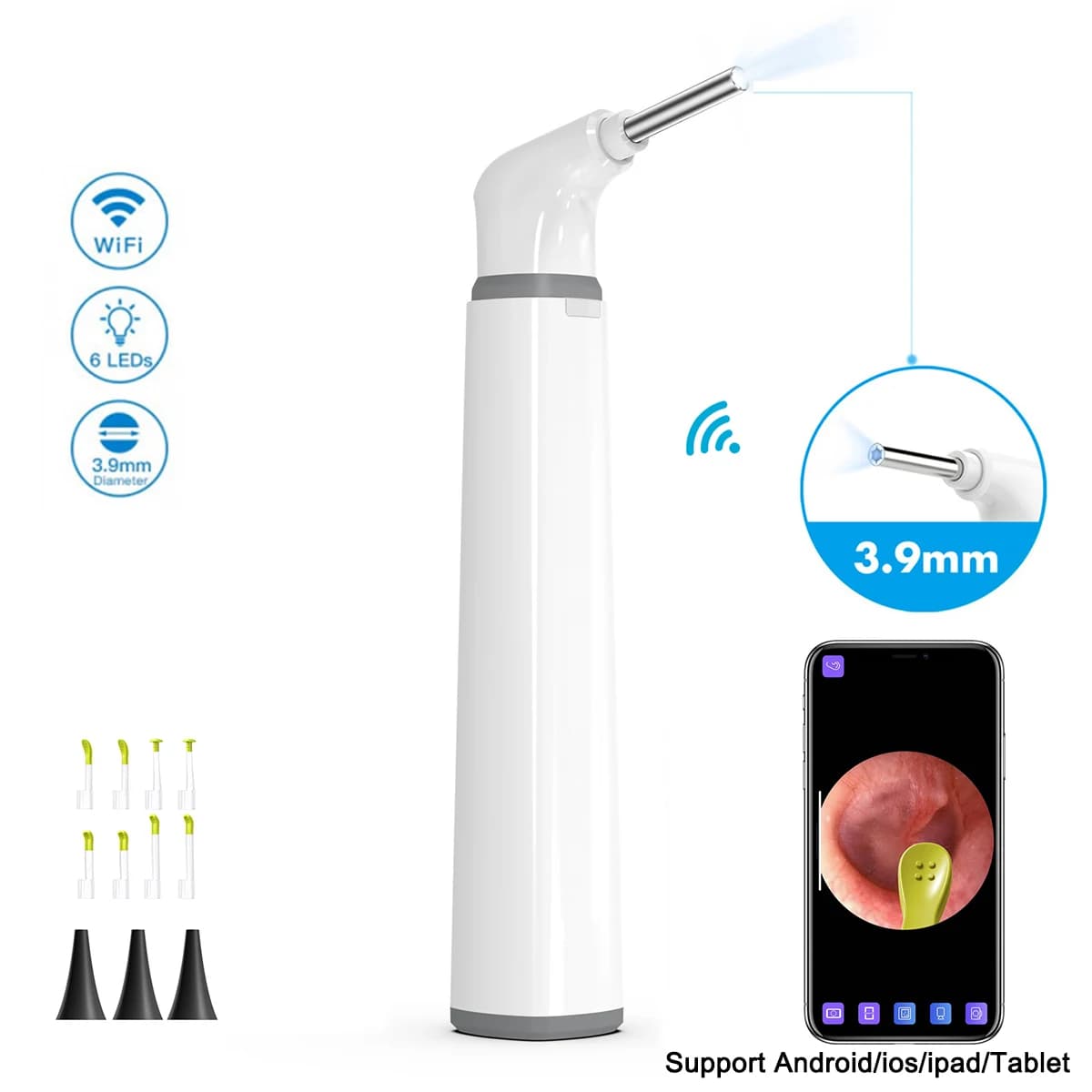 Caméra auriculaire Otoscope sans fil 3.9mm 1080P HD WiFi portée auriculaire avec 6 lumières LED pour