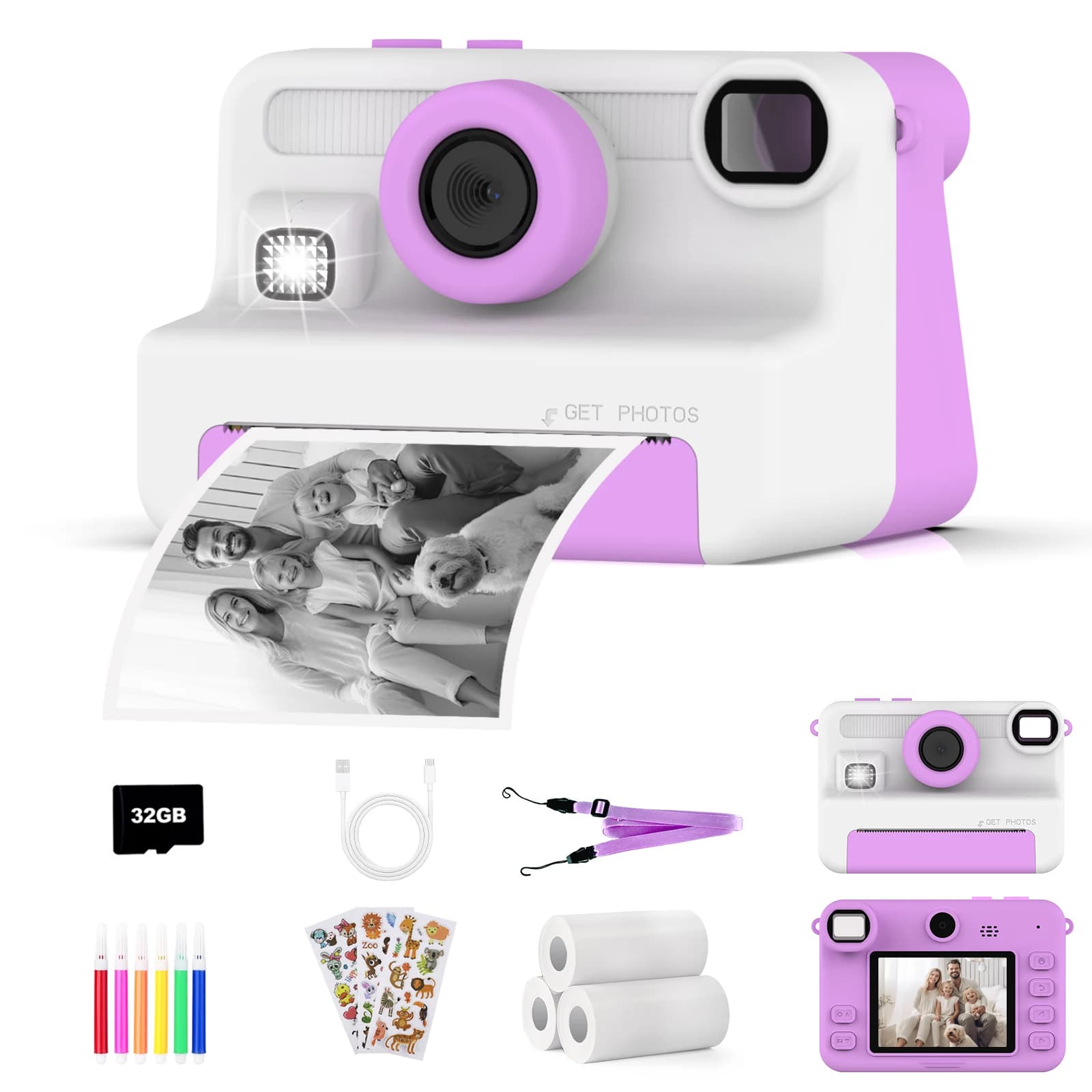 Appareil photo instantané pour enfants, vidéo 1080P, cadeaux de Noël et d'anniversaire pour filles d