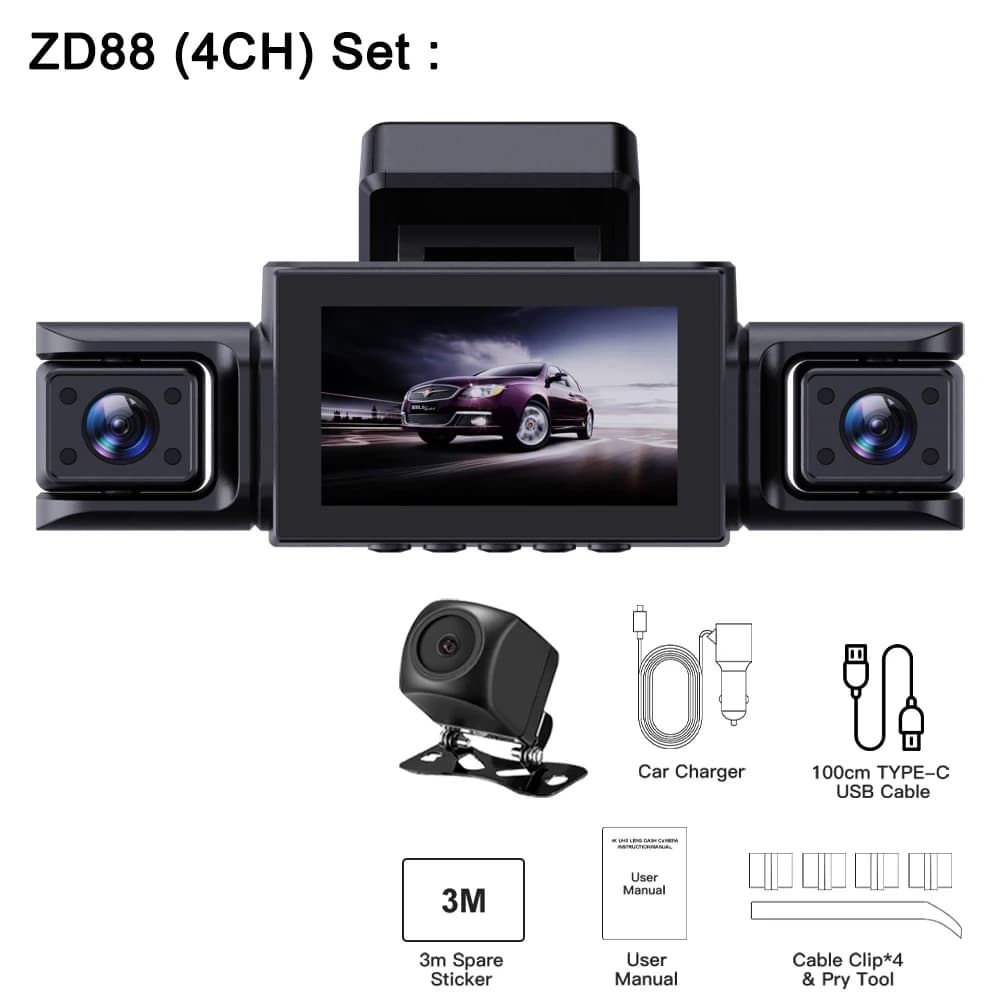 Caméra embarquée BEPOCAM 4CH 4K pour voitures 360 ° Caméra embarquée 3'' WiFi avant, gauche, droit