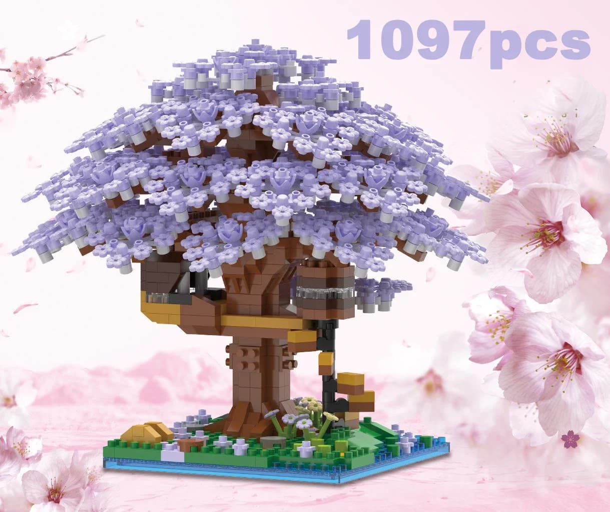 DIY Blocs de construction classiques en briques miniatures, thème Maison dans les arbres, avec fleur