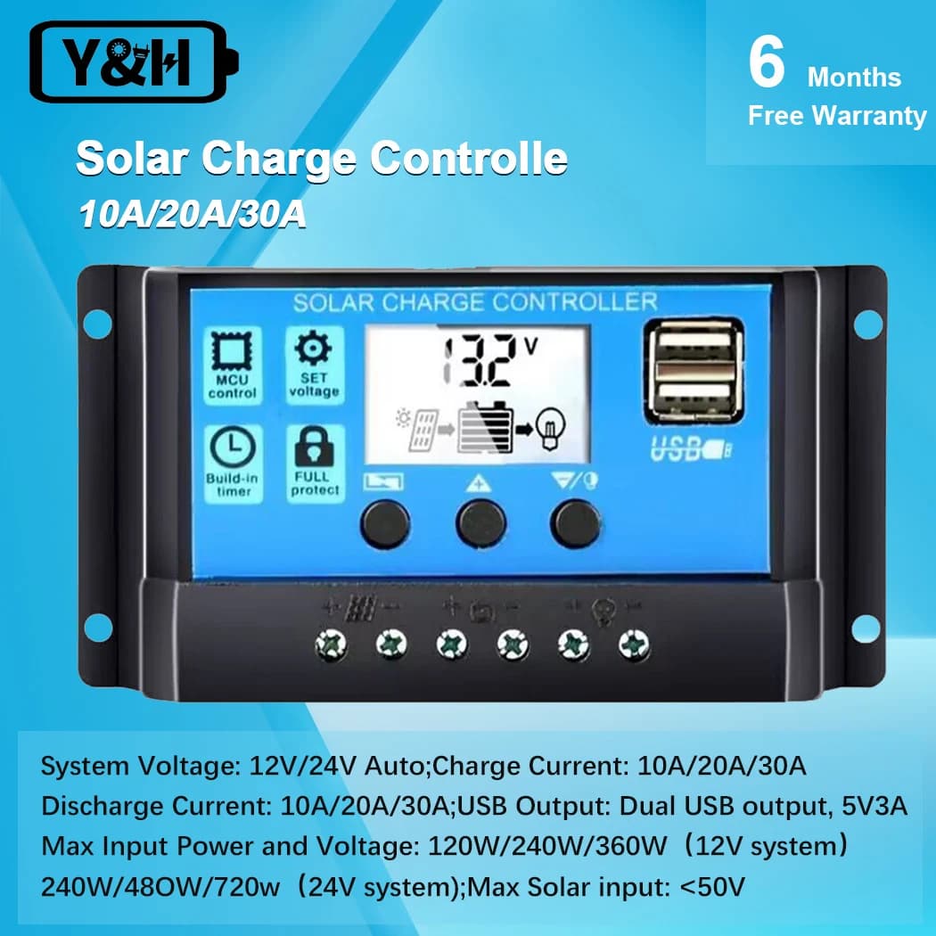 Régulateur solaire 12V/24V 30A 20A 10A, caricabatteria solaire, affichage PWM, LCD, double sortie US