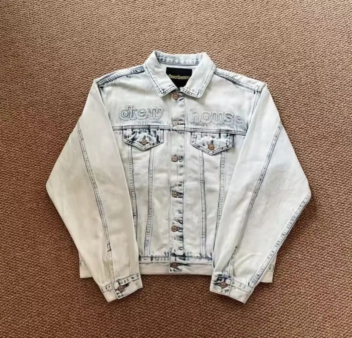 Veste en jean délavé Drew House pour homme, style vintage, effet usé, logo oversize, streetwear, pou