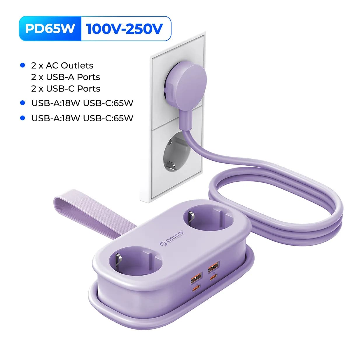 ORICO – multiprise de voyage Portable 65W GaN, Station de charge rapide avec 2 prises ca, 2 USB 2 ty