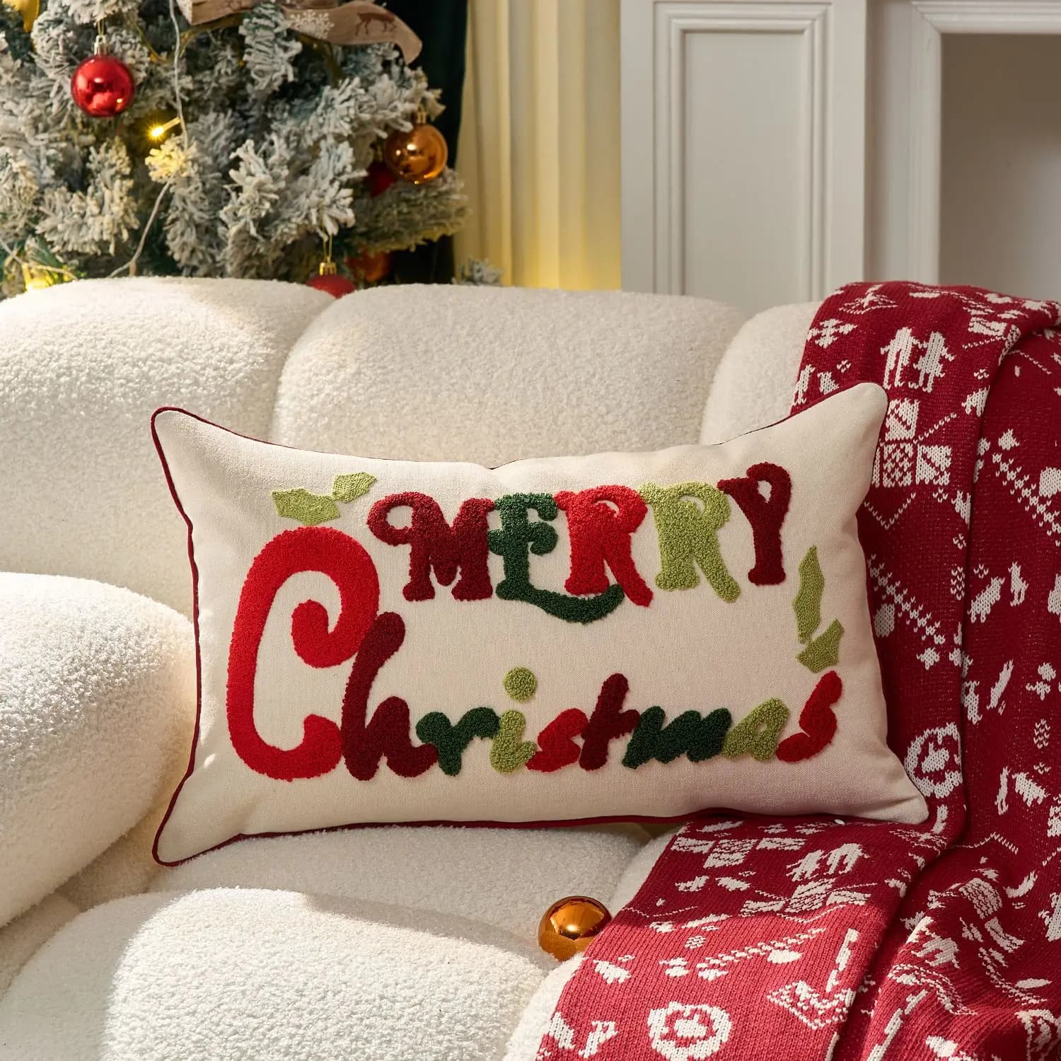 Housse de coussin joyeux noël, taie d'oreiller brodée pour chalet de noël, vacances joyeuses et fest
