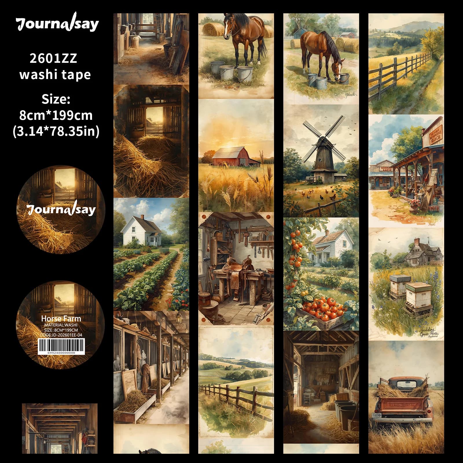 JIANWU 80mm*199cm Ruban Washi Vintage Motifs Maison Ferme Paysage Matériel de Collage Scrapbooking P