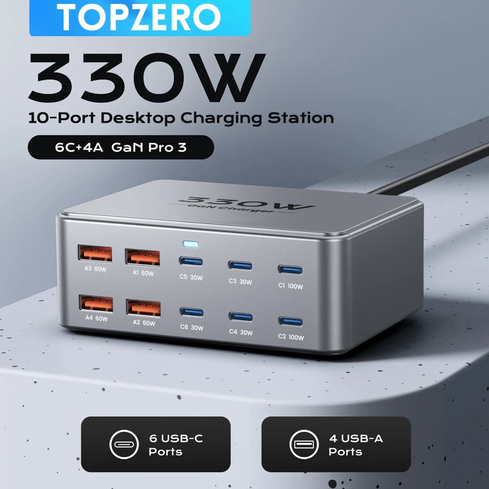 Chargeur USB C GaN 330W, 100W PD3.0 PPS QC3.0, Station de charge rapide multiport pour ordinateur po