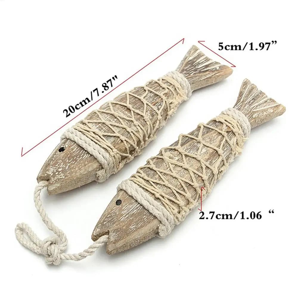 Décoration Poisson pour Maison au Bord du Lac, Sculpture de Poisson en Bois Antique 2 Pièces avec Fi