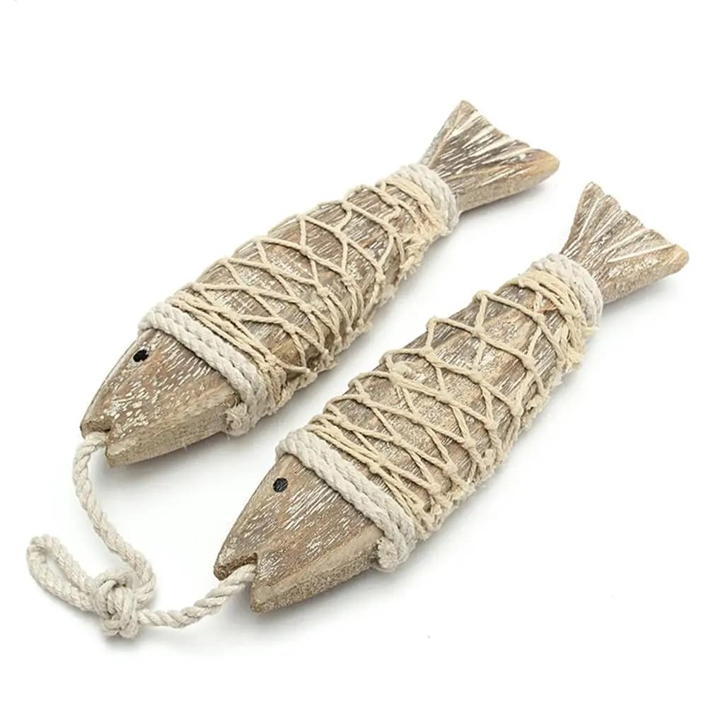 Décoration Murale Poisson Style Maison de Lac – Sculpture de Poisson en Bois Antique 2 Pièces avec F