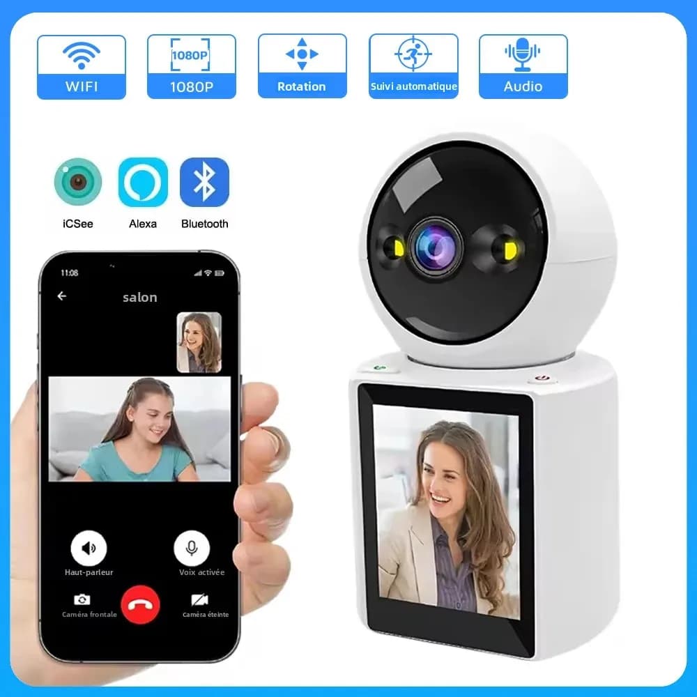 Caméra IP Wifi PTZ 1080P, appel visuel bidirectionnel intérieur avec écran IPS de 2.8 pouces, monite