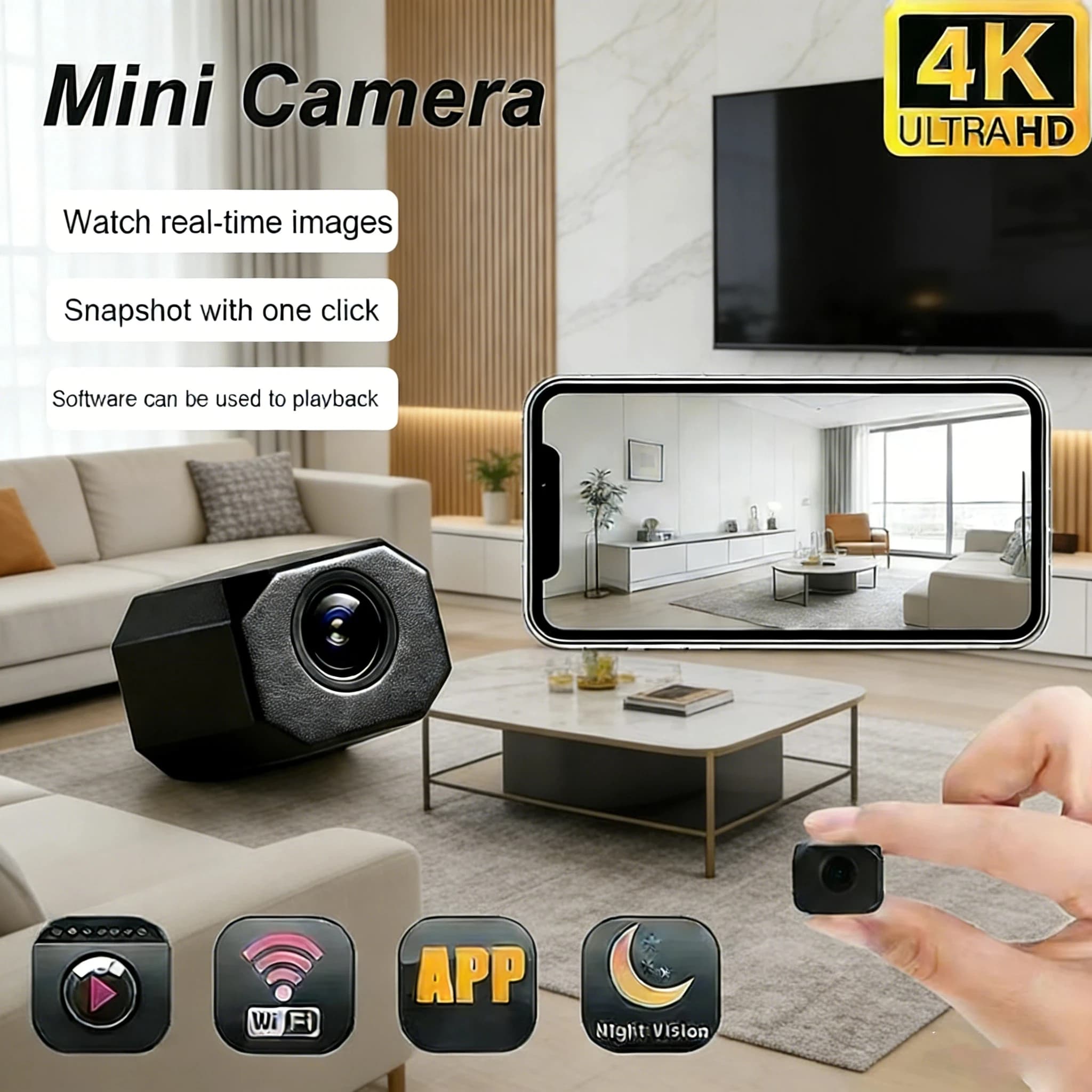 Mini caméra de sécurité WiFi 4K HD, surveillance intérieure intelligente pour la maison, avec applic