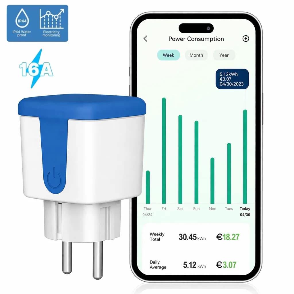 Prise intelligente WiFi EU 16A, étanche pour l'extérieur, avec compteur d'électricité, compatible Al
