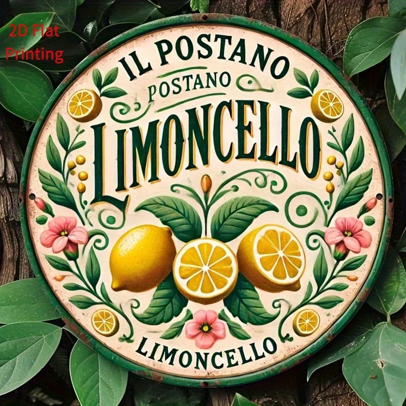 Panneau Limoncello italien vintage – Impression plate 2D, décoration murale ronde avec citrons et fl